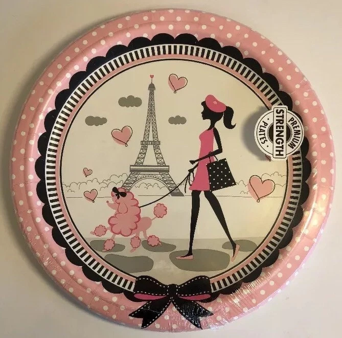 Paris Birthday Party Luncheon Plates Eiffel Tower Pink Poodle Beret Dots 8pack - Image 1 of 4