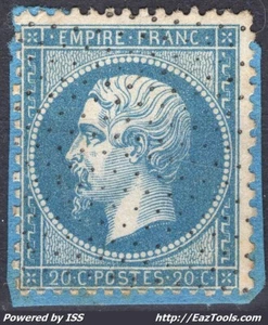 FRANCE EMPIRE 20c BLEU N° 22 AVEC OBLITERATION ROULETTE DE POINTS SUR FRAGMENT - Picture 1 of 2