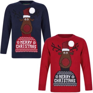 Kids Boys Christmas Jumper Reindeer 3D Pom-Pom Xmas Sweater Pullover Novelty - Picture 1 of 7