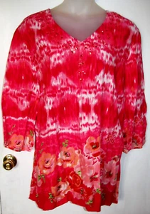 NWT Catherines LIZ & ME Pink Batik/Floral Embellished LONG Tunic Top Shirt 3X - Picture 1 of 2