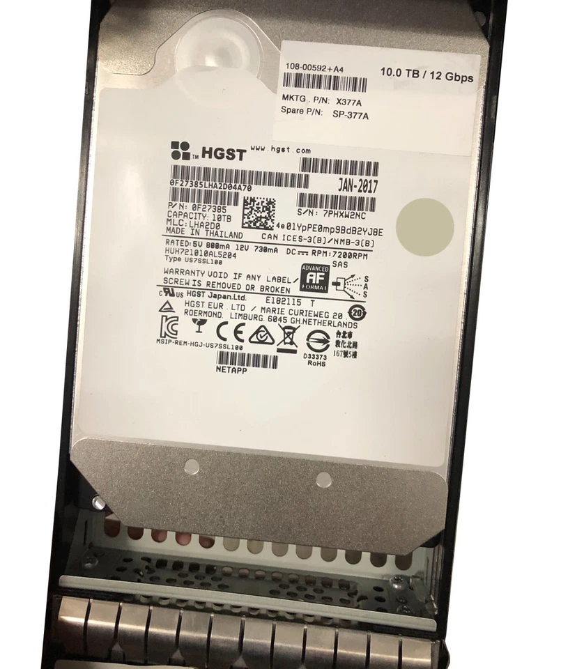 NetApp 10TB 7.2k 12GBps 3.5" NL SAS HDD 108-00592 SP-377A X377A-R6 For DS460C - Image 1 of 1