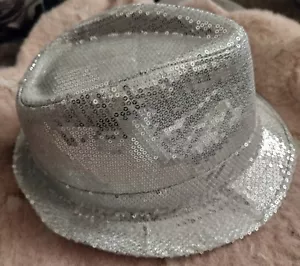 Silver Sequin Fedora Hat Dance Costume Sparkle Shiny Glam Mardi Gras. Club Wear - Picture 1 of 6