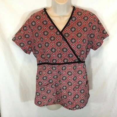 SB Scrub Pequeña Mujer Top Camisa Negra Roja Blanca Top Camisa Médica Corbata Espalda Enfermera Foto 1 de 3