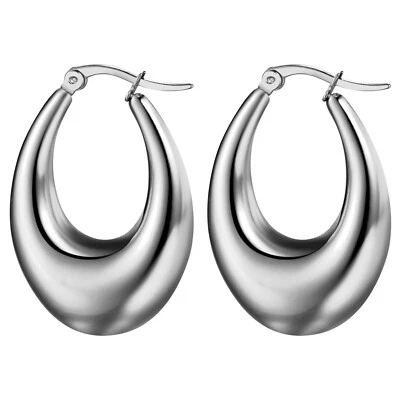 Chunky Gold Plated Thick Teardrop Hoop Earrings for Women Ladies Stainless Steel - Image 1 of 4