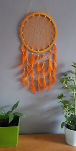 handmade orange dreamcatcher, pomarańczowy łapacz snów rękodzieło wall hanging