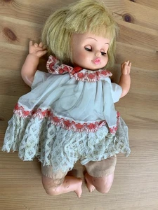 Vintage 1960s Vinyl Baby Doll 14” Blonde Hair Sleep Eyes Lace Dress - Picture 1 of 3
