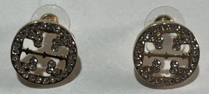 Tory Burch Circle Pavé Double Clear Stone T Logo Stud Earrings - Goldtone - Picture 1 of 4