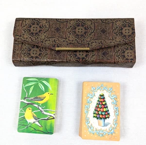 Shaw Barton Playing Card Case With 2 Decks of Cards Birds And Christmas Tree Vtg - Picture 1 of 16