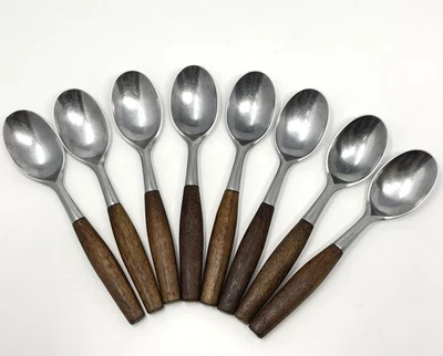 Dansk FJORD Teaspoons Teak Handle Stainless Steel Germany 6 3/8” Set Of 8 - Image 1 of 4