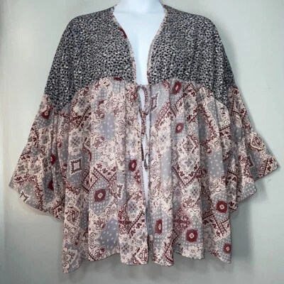 Kimono Davi & Dani gravata frontal plus size 3XL artístico boho camponês semi transparente - Imagem 1 de 4