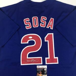 Autographed/Signed Sammy Sosa Chicago Blue Baseball Jersey JSA COA