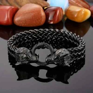 HIP HOP STAINLESS STEEL GOLD SILVER BLACK WOLF HEAD CHARM 8.3" FASHION BRACELET - Picture 1 of 10