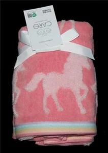 2 CARO Coral Pink Horses Sculpted Terry Loop Rainbow Border Velour Hand Towels - Picture 1 of 1