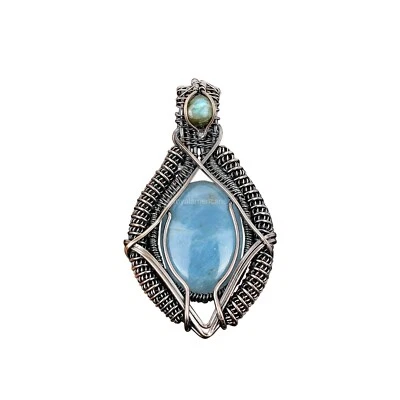 Aquamarine Gemstone Labradorite Copper Boho Wire Wrapped Throat Chakra Pendant - Image 1 of 4