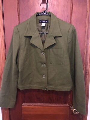 Vintage J.G. Casaco feminino HOOK 100% lã cintura pequena verde jaqueta curta militar - Imagem 1 de 4