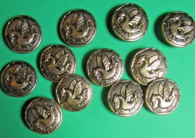 (12) NEW VINTAGE 7/8"MYTHICAL FLYING WINGED DRAGON GOLD METAL SHANK BUTTONS-P223 - Image 1 of 2