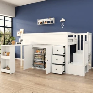 Kinderbett Hochbett 90x200cm mit Ausziehbarer Schreibtisch, Schrank & Stauraum - Bild 1 von 9