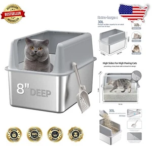 High-Sided Stainless Steel Cat Litter Box, Extra Large, 30L Capacity with Scoop - Picture 1 of 8