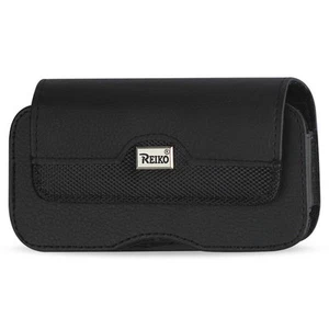 Reiko Leather Black Large Belt Clip Cell Phone Pouch fits Thick Defender Case - Picture 1 of 4