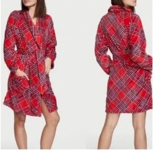 Victoria's Secret kuscheliger karierter Fleece-Kimono Morgenmantel Taillentasche rot pink M/L - Bild 1 von 14