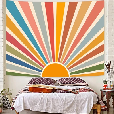 Boho Burning Sun Tapestry Wall Hanging, Retro 70S Abstract Vintage Geometric Rai - Изображение 1 из 4