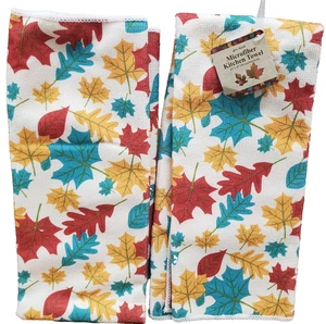 Set of 2 Same Printed Microfiber Kitchen Towels (15"x25") COLORFUL LEAVES,Regent - Picture 1 of 23