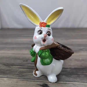 Ceramic Easter Bunny Egg Holder MCM Hand-painted Brightly Colored White Rabbit - Picture 1 of 11