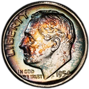 PR67 1954 10C Roosevelt Silver Proof Dime, PCGS Trueview- Rainbow Toned - Picture 1 of 6