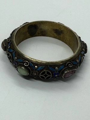 Brazalete pequeño chino antiguo raro esmaltado con joyas de plata Foto 1 de 4