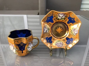 Cobalt Moser Bohemian Glass Demitasse Cup & Saucer Floral High Relief Gold Gilt - Picture 1 of 11