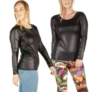 Womens Long Sleeve Black PVC Wet Faux Leather Look T-Shirt Plus Size Top 8-26 - Picture 1 of 5