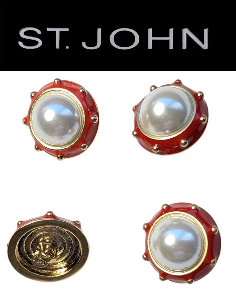 St John Knits (0.8 Inch) Gold Tone Red Enamel Large Domed Faux Pearl Buttons (4) - Image 1 of 1