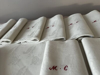 Service De Table 1920 Lin Damassé Perdrix chasse Monogramme Nappe 12 Serviettes - Photo 1/4