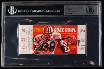 Boleto del juego Rose Bowl 1968 firmado por O. J. Simpson con la inscripción "68 Rose Bowl MVP" (BG Foto 1 de 2