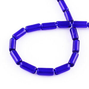 30 Glass Beads Tubular Shaped 10mm x 4mm 12 Inch Strand Blue Glass - BD1073