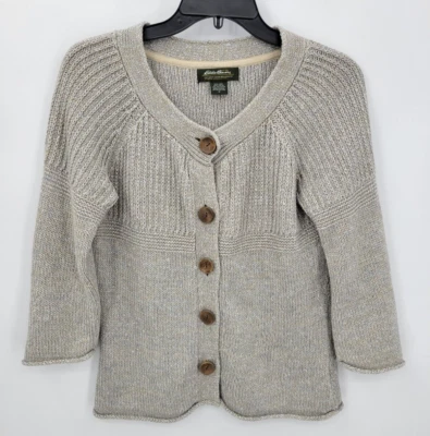 Suéter Eddie Bauer Mujer Medio Tostado Lino Grueso Manga 3/4 Cárdigan Neutro Foto 1 de 4