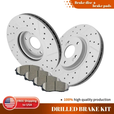 Front Disc Drilled Rotors Ceramic Brake Pads Kit For 2015 2016 - 2021 Kia Sedona - Image 1 of 4