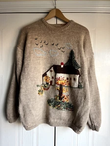 Vintage Folk Art Country Scene Cottagecore Hand Knitted Wool Jumper M - L - Picture 1 of 11