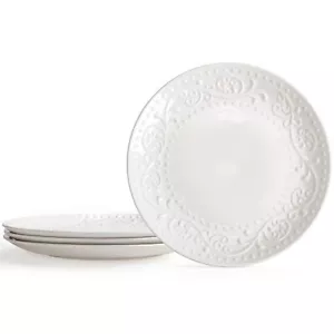 Set of 4 Ceramic Dinner Plates 10.75" Embossed White Plates for Salad & Steak - Picture 1 of 9