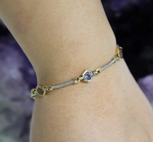 14k Two Tone Yellow White Gold Hexagon Amethyst Gemstone Spring Bracelet 7.5" - Picture 1 of 8