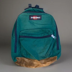 Vintage Marty McFly Eastpak Leather Bottom Backpack Made In USA Book Bag Green - Picture 1 of 5