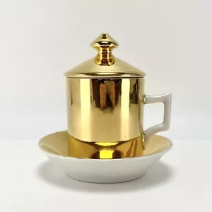 Vtg MCM 1960s Piero Fornasetti Italy Lidded Cup Saucer Mug Gilded Cappuccino Cup - Picture 1 of 9