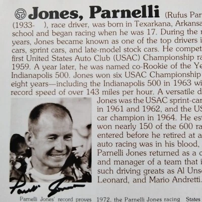 Parnelli Jones SIGNED Bio Page Hall of Fame 70s Race Car Driver Indy 500 NASCAR - Изображение 1 из 4