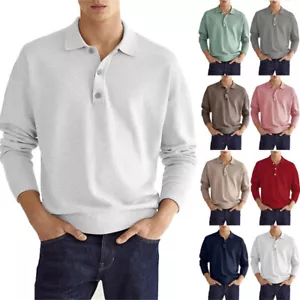 Mens Autumn Long Sleeve V-Neck Button Down Men's Casual Polo Shirt T Shirts UK - Picture 1 of 19