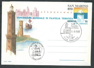 1992 SAN MARINO FDC AEROGRAMMA GENOVA - Imagen 1 de 1
