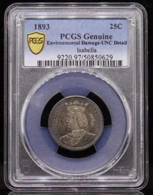 1893 Isabella Quarter PCGS UNC Details-Environmental Damage - Image 1 of 4