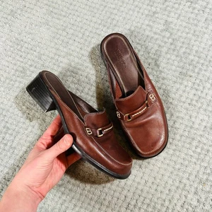 Vintage Y2K schokobraun Leder Runde Zehe Loafer Pantoletten Mary Janes Büro Sir - Bild 1 von 6
