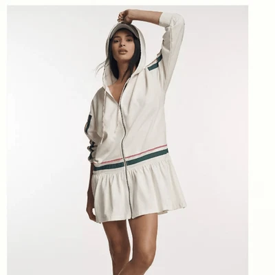 Anthro Daily Practice Front-Zip Sweatshirt Dress Varsity Twofer Mini Hood Sz XS - Image 1 of 4