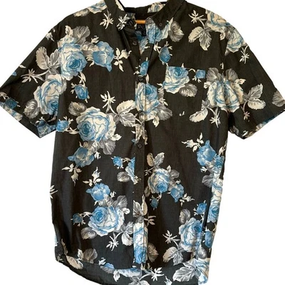 Retrofit Black Blue Floral Short Sleeve Button Down Mens L - Image 1 of 4