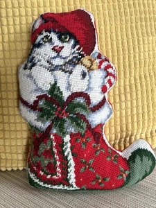 Almohada de gato vintage punta de aguja Santa abuela casa de campo núcleo Navidad - Imagen 1 de 5